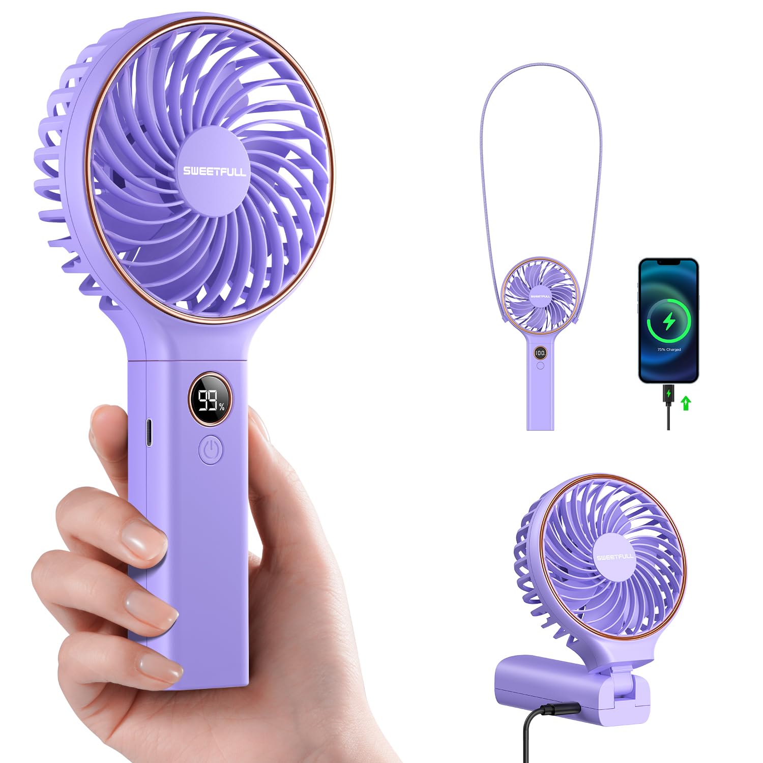 SWEETFULL Handheld Fan, Portable Fan, 5000mAh Rechargeable Battery, 6 Speed Wind, LED Display, Personal Mini Travel Fan with Backup Power, Hand Held Fan USB Foldable Electric Fan for Women Girl