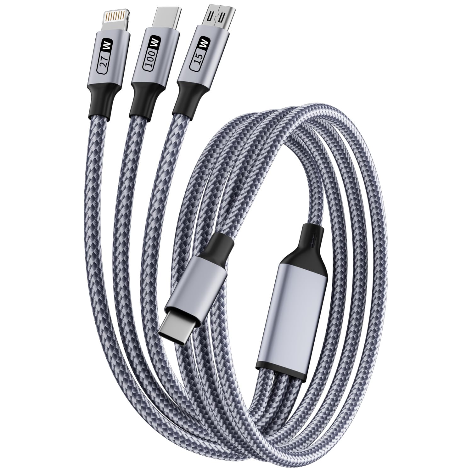 100W USB C Multi Charging Cable, 5FT Nylon 3 in 1 Fast Charging Cable with E-Marker Chip, Type C [100W]+IP [27W]+Micro [15W], Universal USB C Charger Cord with Type-C/Micro and IP Port (1Pack)