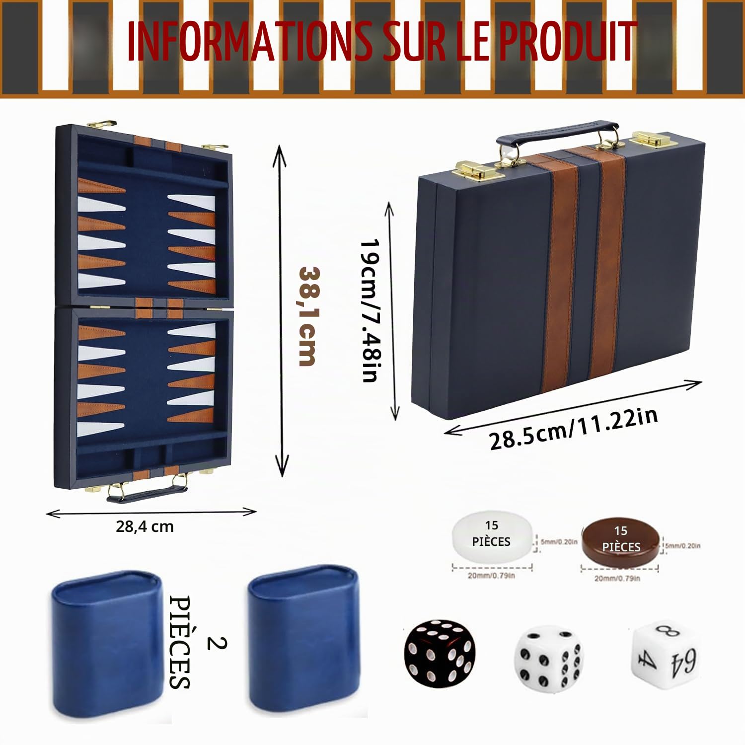 Jeu de Backgammon en Bois avec Étui en Cuir de Qualité Supérieure et Kit de Backgammon de Voyage Portable (Bleu) - Pour 2 Joueurs à partir de 8 ans