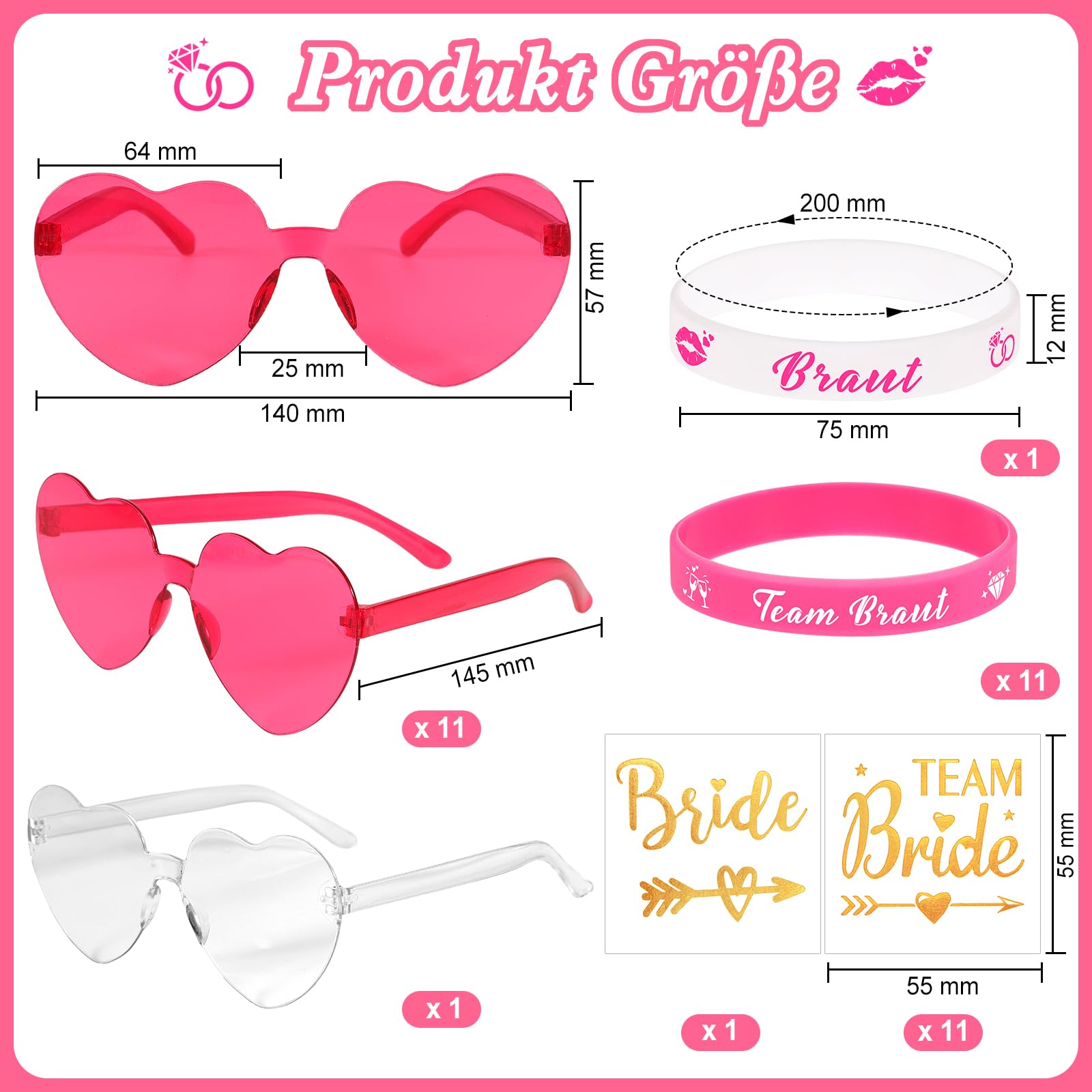 HOWAF 36 Stück JGA Accessoires Frauen, 12 JGA Brillen Herz Sonnenbrille + 12 JGA Deko Armbänder Frauen Silikonarmband + 12 Team Bride Tattoos Hochzeit, Junggesellenabschied Frauen, Bride to Be Deko