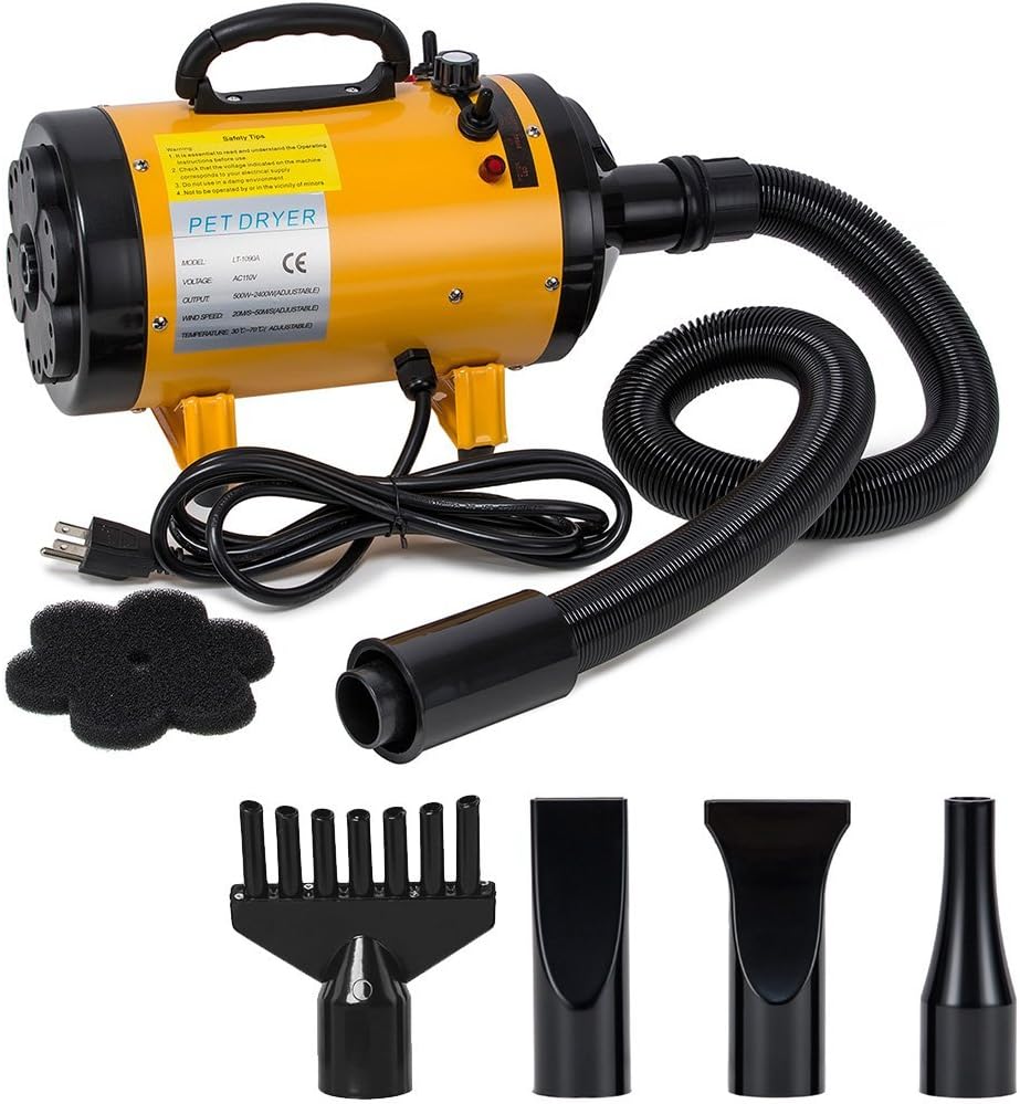 Leeven Pet Grooming Force Hair Dryer 3.2HP Stepless Speed Adjustable Heat Temperature with 4 Nozzles