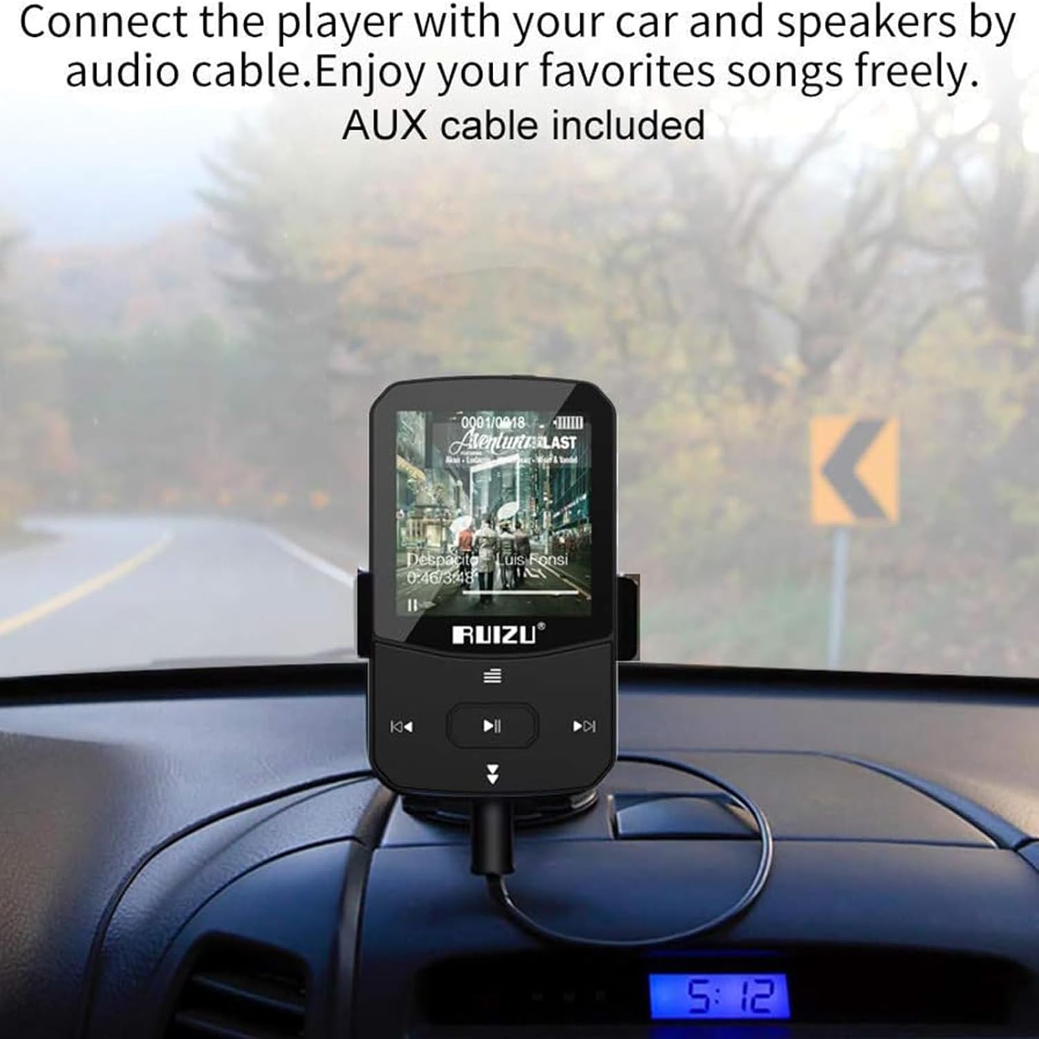 RUIZU X52 MP3 Player connected to a car audio system via AUX cable