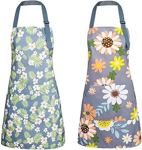 Paquete de 2 delantales florales impermeables para mujer con bolsillos, ajustables para cocinar, hornear, jardinería y salón de belleza (2)
