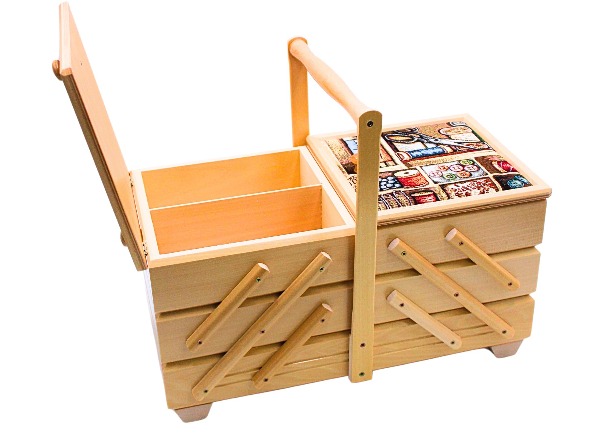 Costurero en madera contrachapada con 7 compartimentos y funda de tela, diseño de aguja en color natural, 42 x 20 x 21 cm