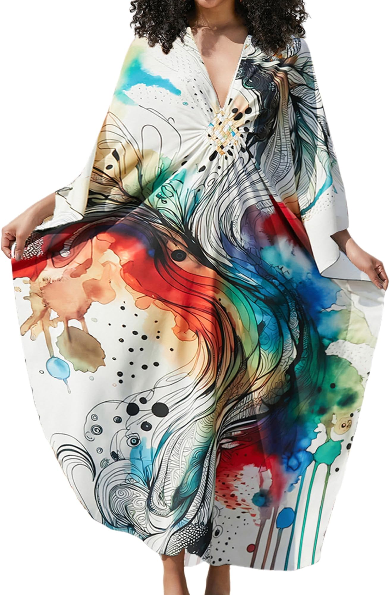 Women Ethnic Print Kaftan Beach Dress Plus Size Swimsuit Cover Up
