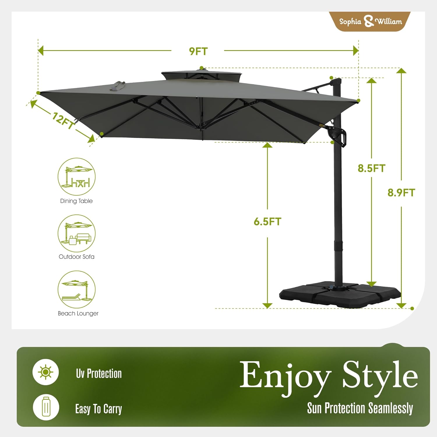 Sophia & William 12ft Cantilever Patio Umbrella with Base, Large Rectangular Umbrellas with 360-degree Rotation, Aluminum Pole for Garden Pool Backyard, Grey