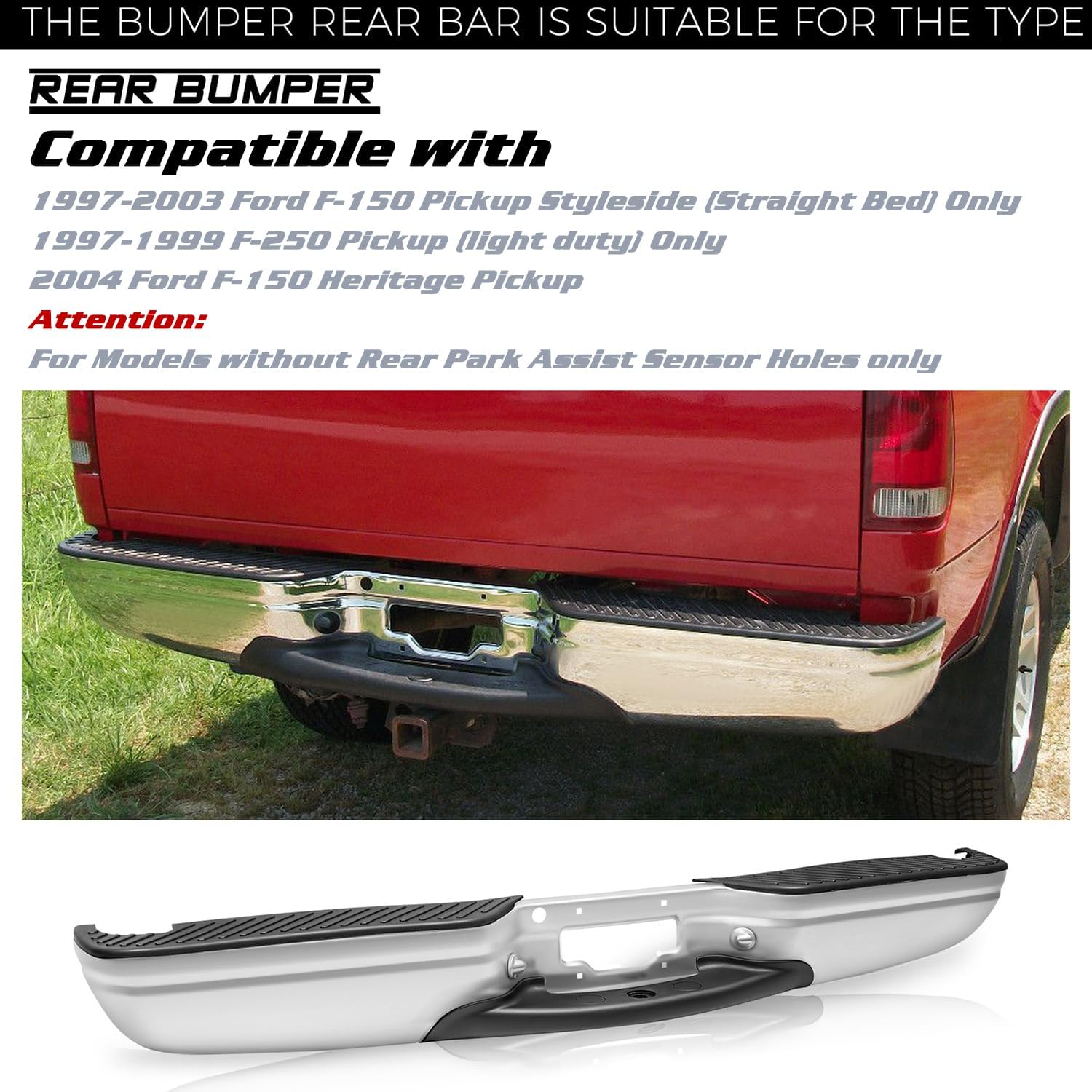 JSBOYAT Chrome Rear Bumper Assembly Compatible with 1997-2003 F-150 STYLESIDE 1997-1999 F-250 Heritage Base/Lariat/XL/XLT Light Duty Back Bumper FO1103101