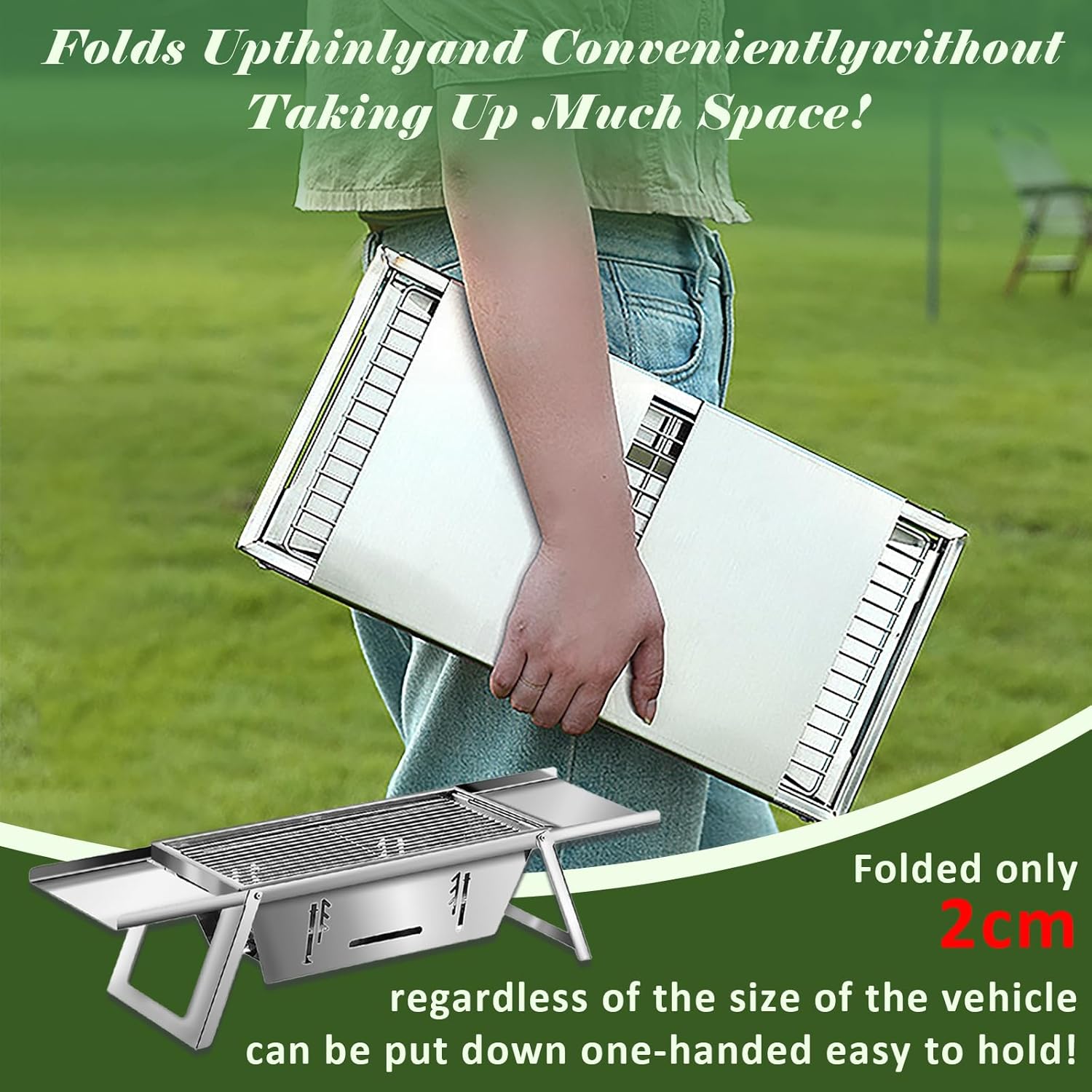 Portable Charcoal Grill, 17-inch Outdoor Grill, Folding Stainless Steel 304 for Camping Tabletop Suitable for Camping Picnic Beach - Stainless Steel BBQ Grill for Outdoor