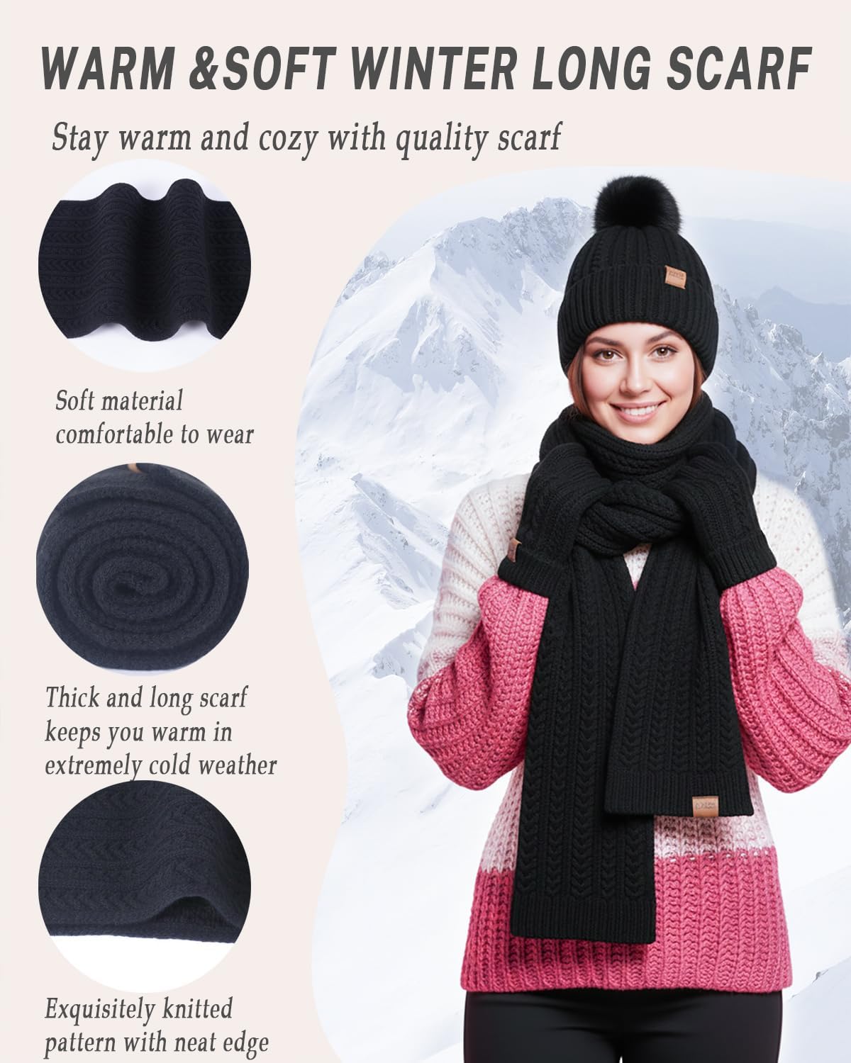Winter Hat Scarf Gloves Set for Women Warm Thick Soft Long Knit Scarf Fleece Lined Beanie Touchscreen Glove Cold Weather Gift - Image 3