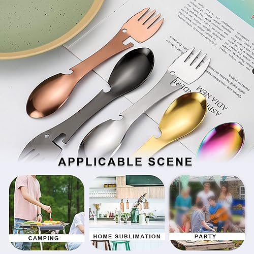 Miniatura 6 de Sporks 5 en 1 de acero inoxidable para campamento, cuchara y tenedor combinado con abrebotellas, utensilio de viaje multifuncional para mochileros
