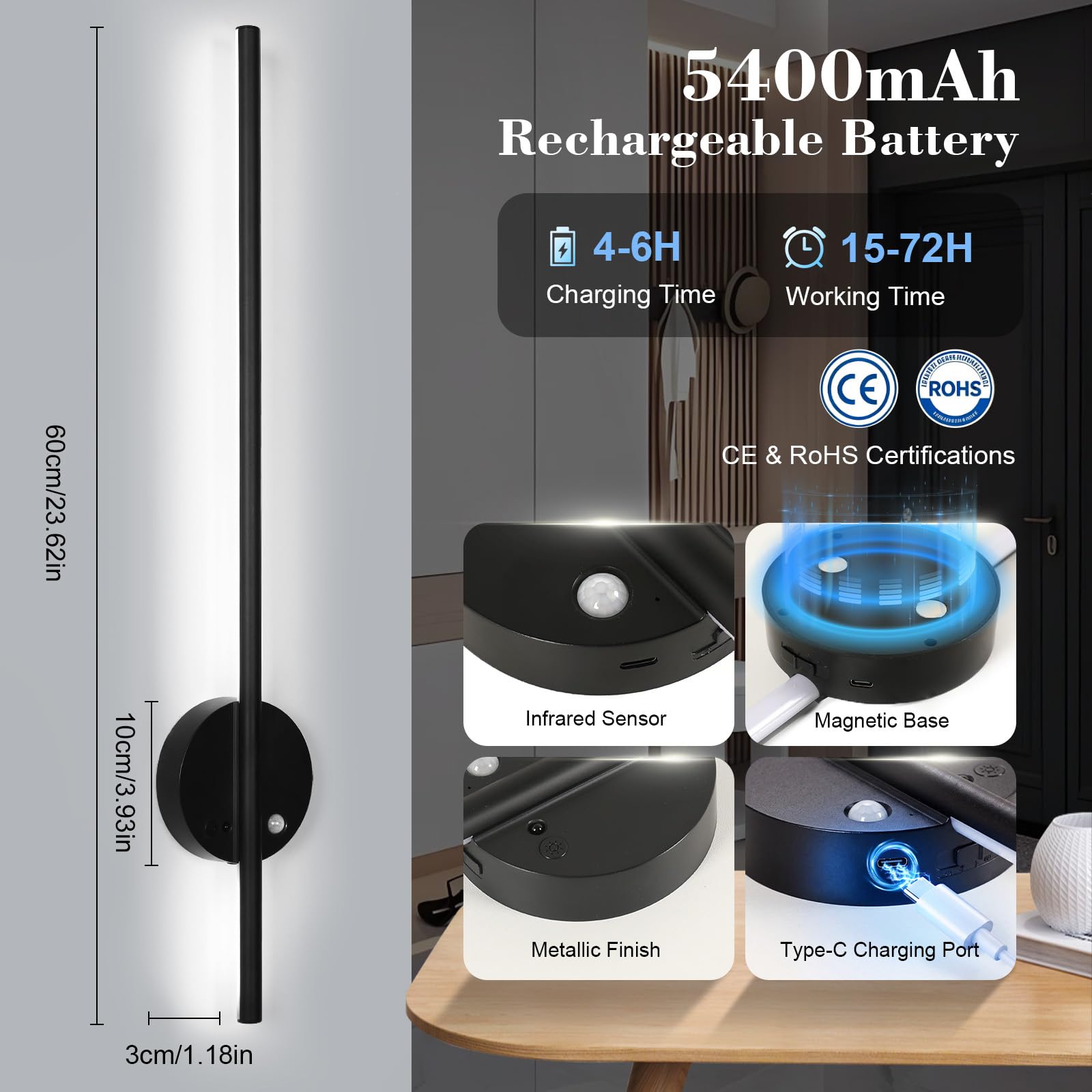 Applique da Parete Interno, Lampada da Parete Senza Fili Ricaricabile, Lampada da Parete con Sensore di Movimento Telecomando, Applique Dimmable 3 Temp Color con Batteria per Soggiorno, Scale, 60CM