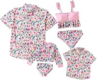 Family Matching Swimsuits Tankini Set Flower Leaves Print Ruffles Bikini Mommy and Me Bathing Suits Color Pink, Size Men M