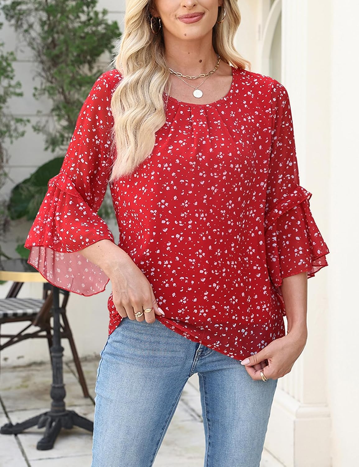CiCiBird Women Chiffon Floral Blouse 3/4 Ruffle Sleeve Crew Neck Pleated Front Tops Dressy Casual Shirts - Image 4