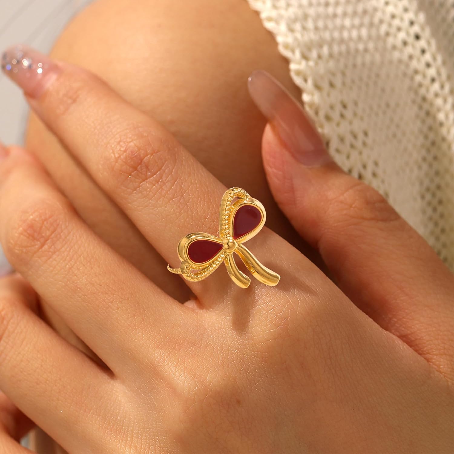 Nojess Bow Ring for Women Gold Plated Enamel Ribbon Bowknot Open Rings Christmas Valentine's Day Wedding Anniversary Birthday Jewelry Gift - Image 2