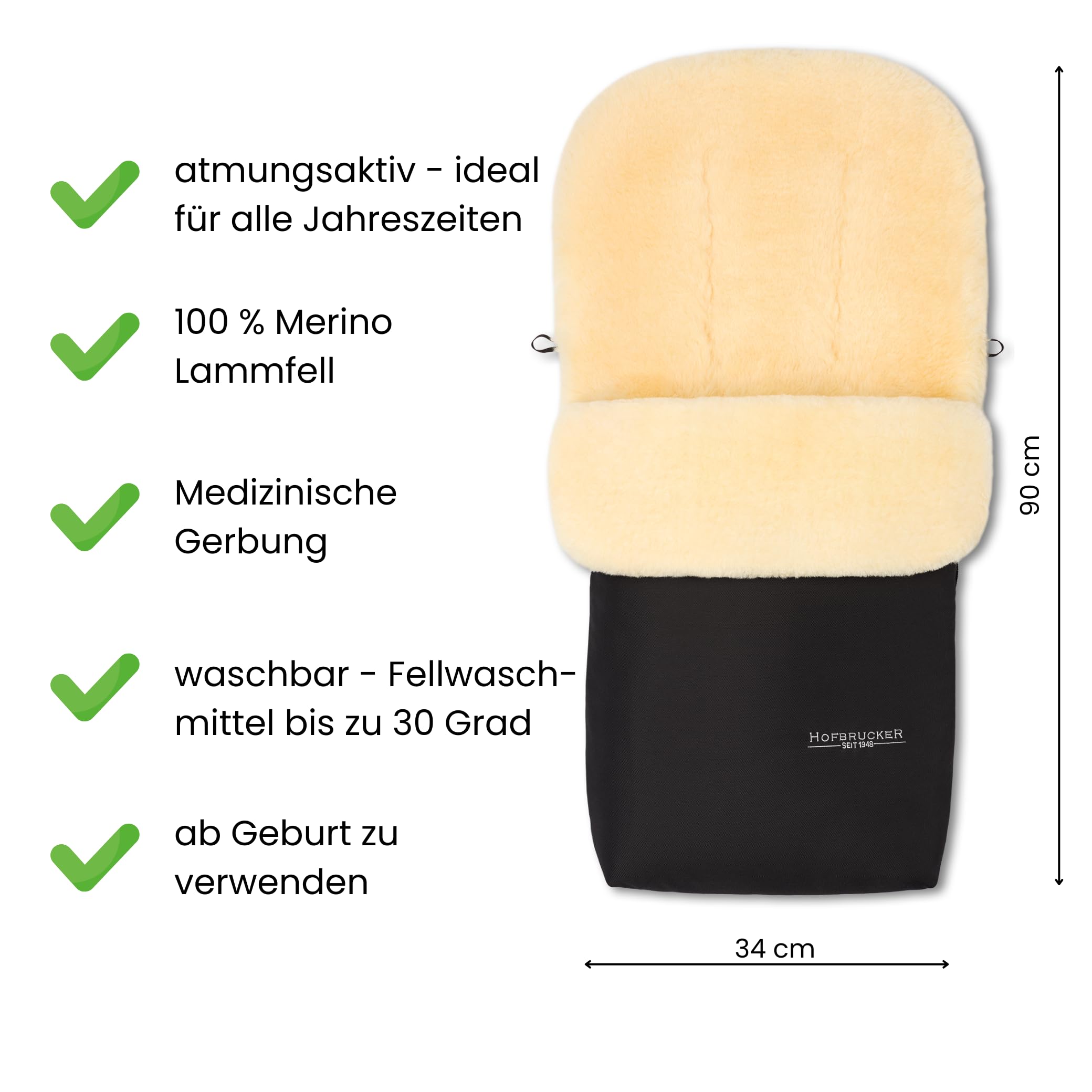 HOFBRUCKER Putzi Lammfell-Fußsack für Kinderwagen 90x34 cm wind- und wasserabweisend abnehmbar Made in Germany