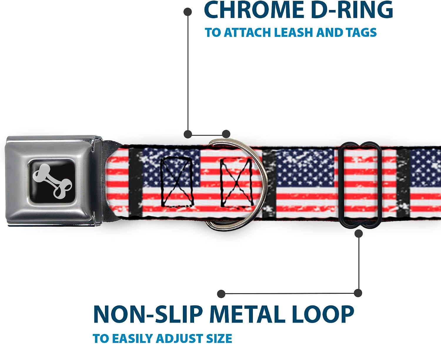 Dog Collar Seatbelt Buckle United States Flags Weathered Black 15 to 26 Inches 1.0 Inch Wide