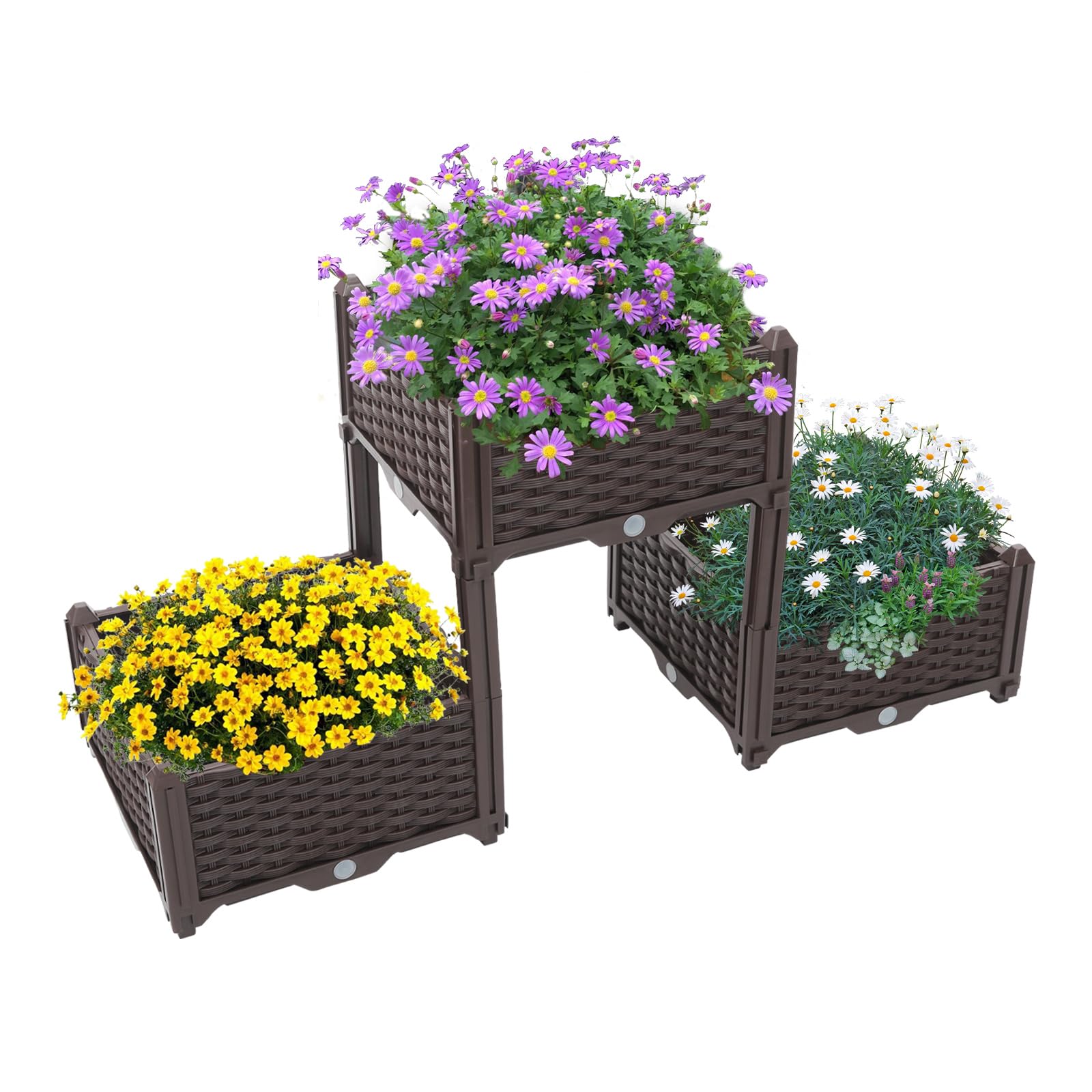 Tapischion 3 Packs Elevated Plastic Raised Garden Bed Planter Kit, Flower Vegetable Standing Planter Box for Indoor Outdoor Balconies Gardens Decks Patios Decks Front, W/Drainage Holes