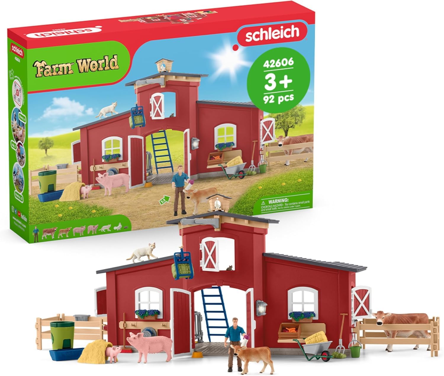 Schleich FARM WORLD | Grande fattoria rossa con casa colonica 42606 | Set con casa, contadino, mucca, maiale, gatto, topo e accessori | fattoria giocattolo per bambini dai 3 anni | 92 pezzi