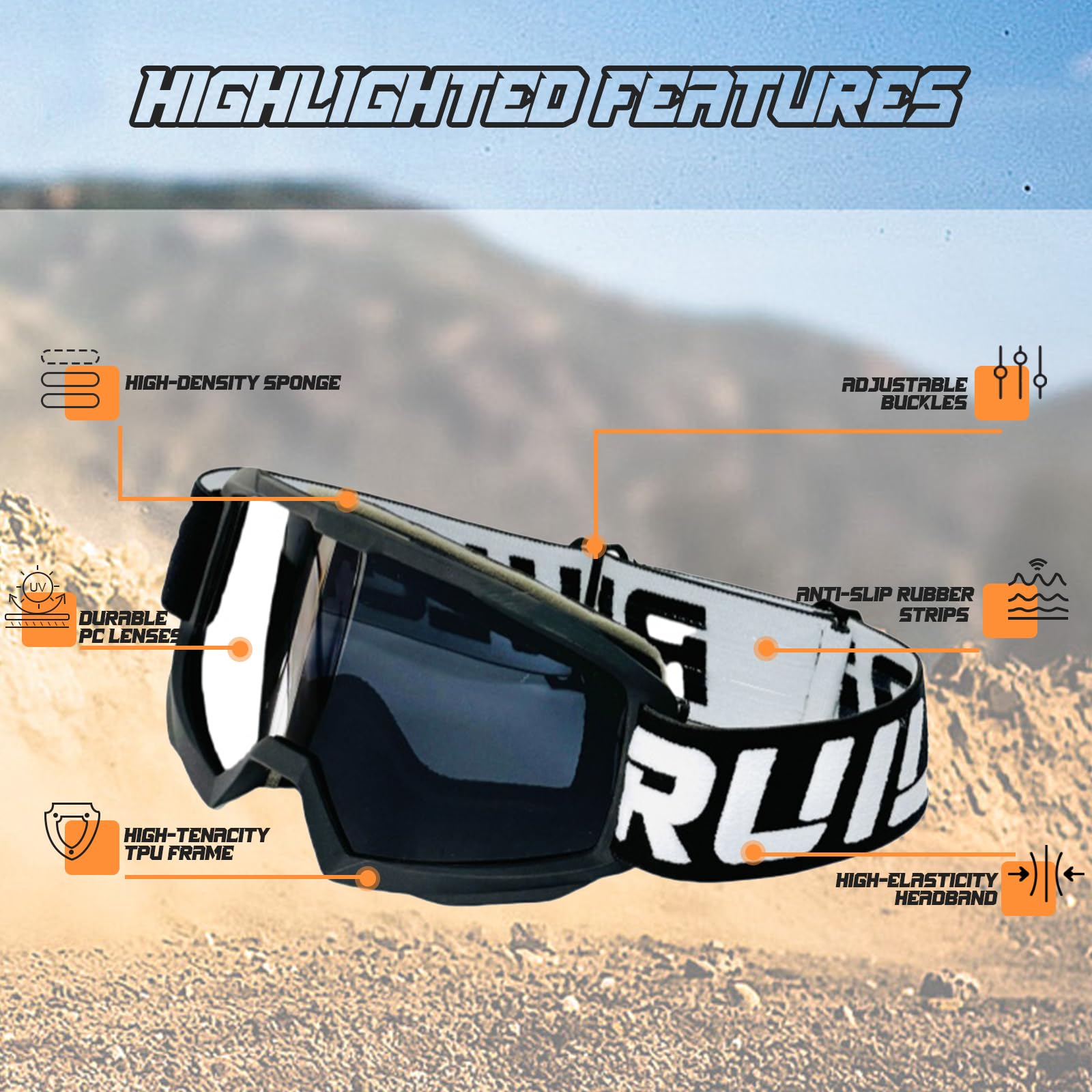 Occhiali Motocross,Occhiali Moto,Maschera Motocross con Protezione UV per Guida,Sci,Arrampicata,Compatibili con Caschi Integrali,Jet e Altri Tipi di Caschi