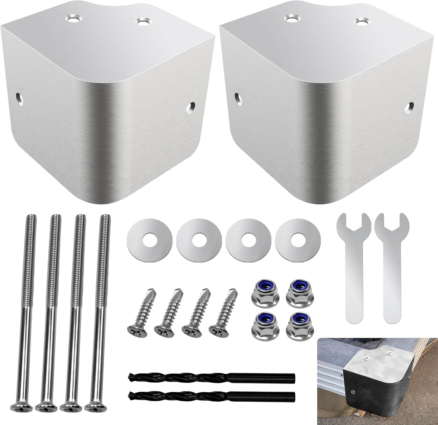 2 Pcs 3.5''x3.5'' Marine Grade 90 Degree Rounded Angle 316 Stainless Steel Pontoon Corner Caps, Fit for Pontoon Boats, Marina Walkways, Water Platforms, W/Screws, Nuts, Spacers, Spanner,Drill