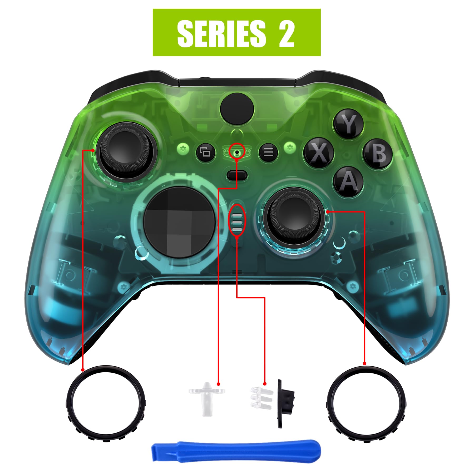 eXtremeRate xbox one elite series 2 (モデル1797)コントローラーに対応用無地の交換フェースプレートシェル、xbox elite series 2 coreコントローラーに対応用ソフトタッチ正面シェルケース&アクセントリング「グリーンとブルーのグラデーションカラー」 - 2