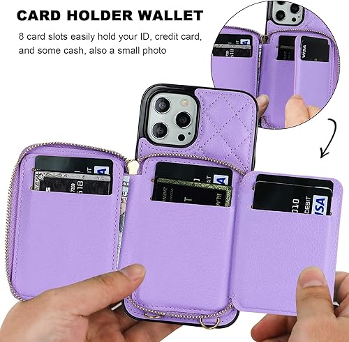 Miniatura 4 de Bocasal Funda tipo cartera cruzada para iPhone 12 Pro Max, con bloqueo RFID, de piel sintética, con cremallera, funda con función atril y ranuras