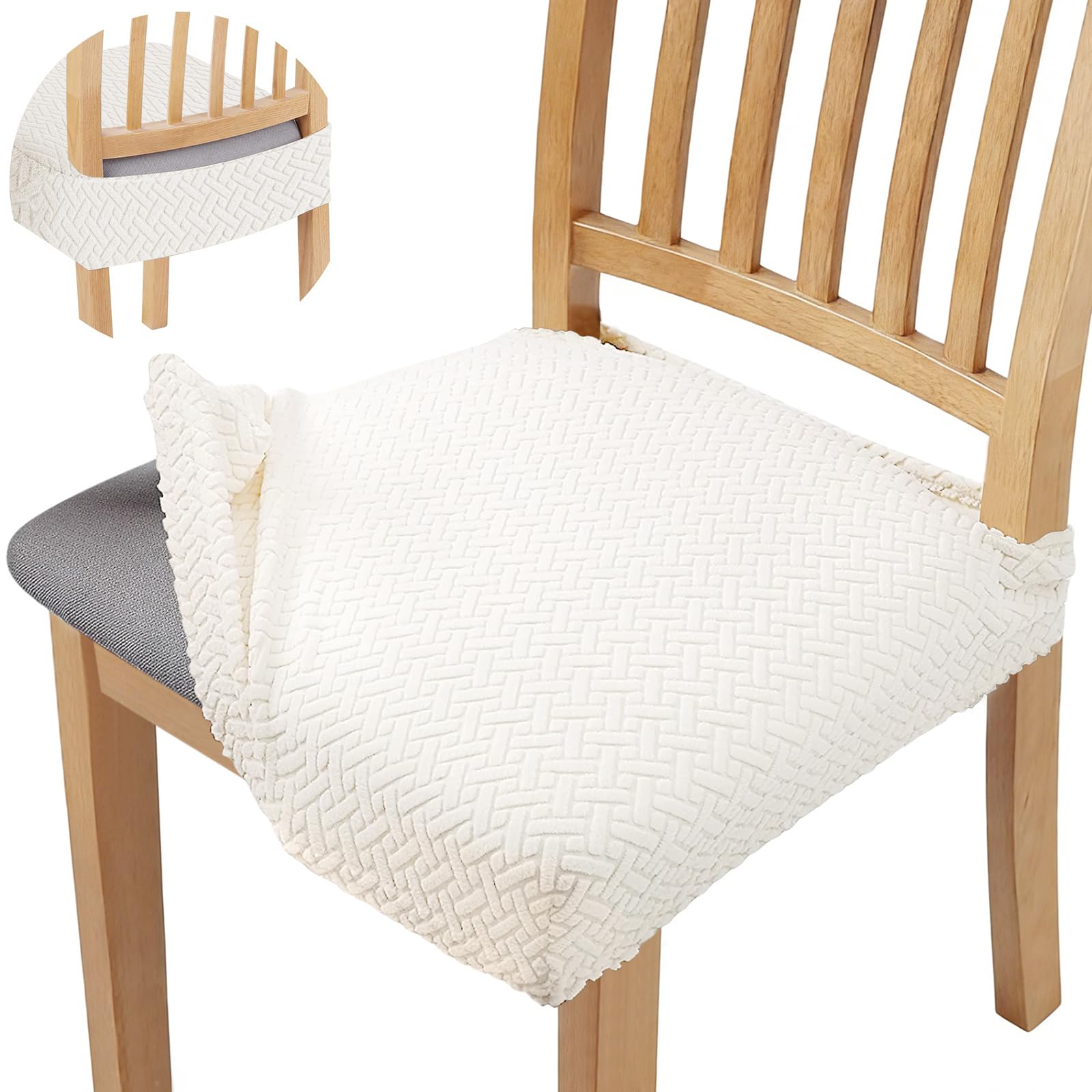 Aovanta 4PCS Dining Chair Seat Covers, Cream Jacquard Chair Seat Protectors Covers, Elastic Dining Chair Cover for Banquet, Kitchen, Hotel (Cream)