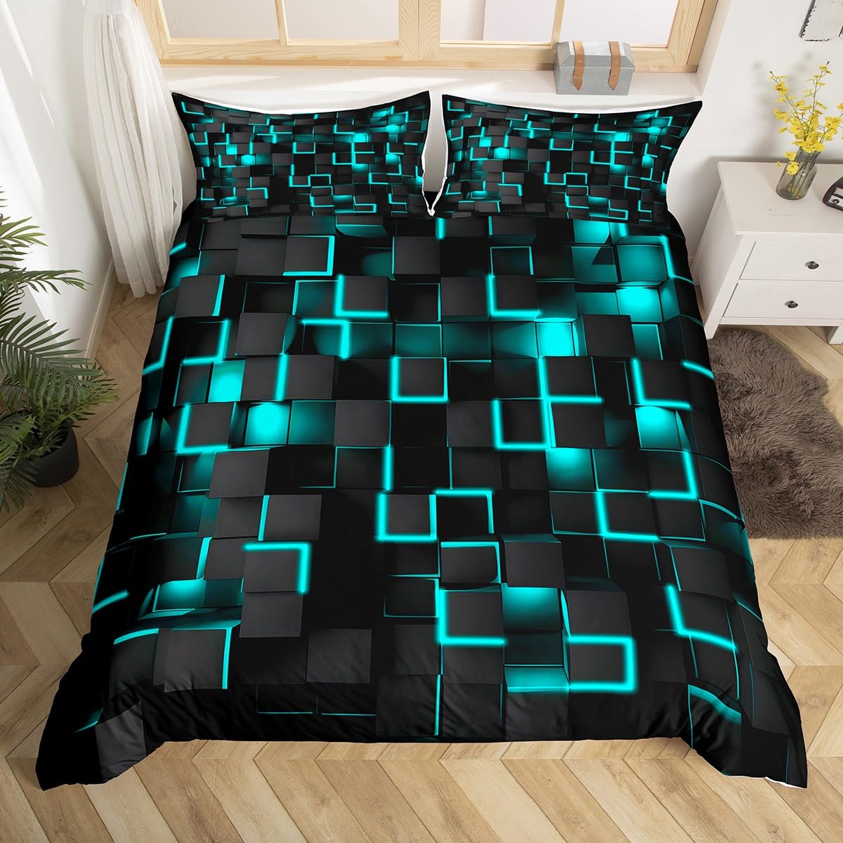 Light Blue and Black Bedding Duvet Cover Set Single Size Light Geometric Bedding Set for Kids Boys Girls Decor Comforter Cover Set Modern Style Bedspread Cover