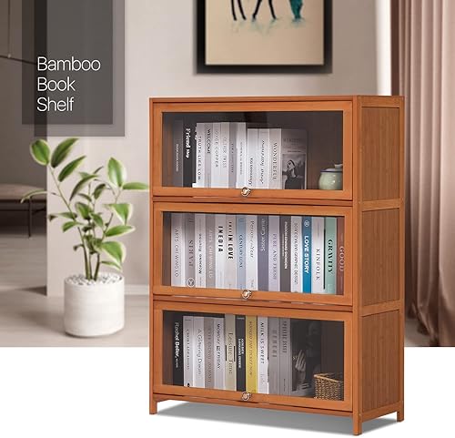 Miniatura 13 de MoNiBloom Estantería de 4 niveles con puertas acrílicas, estante organizador de bambú para ahorrar espacio para estudiantes de niños, dormitorio,