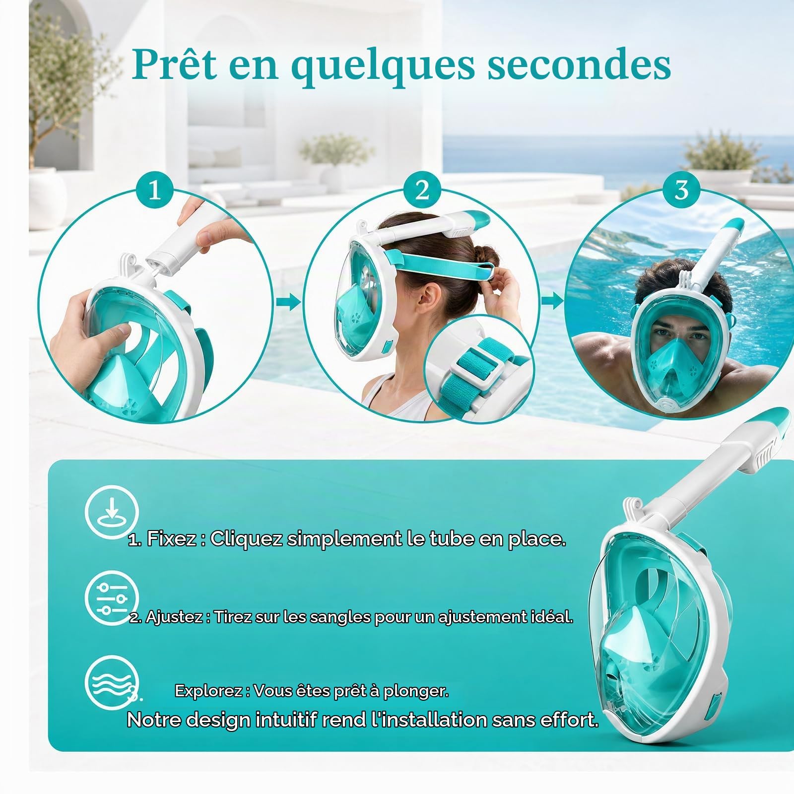Masque de Plongée Intégral 180° Panoramique Anti Buée, Masque Snorkeling avec Tuba Amovible et Support Caméra, Silicone Ajustable pour Snorkeling et Natation