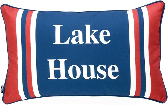 Hofdeco Decorative Lumbar Pillow Cover Only Indoor Outdoor Water Resistant Canvas Summer Lake Navy Blue Red Lake House Word 12"x20"