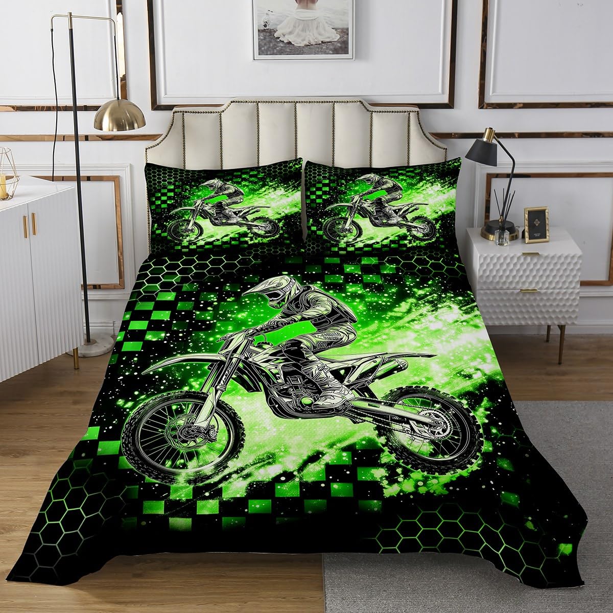 jejeloiu Kids Green Dirt Bike Coverlet Set Twin Size, Motorcycle Bedspread Extreme Sports Quilted Coverlet for Kids Boys Girls Honeycomb Quilted Room Decor with 1 Pillow Case