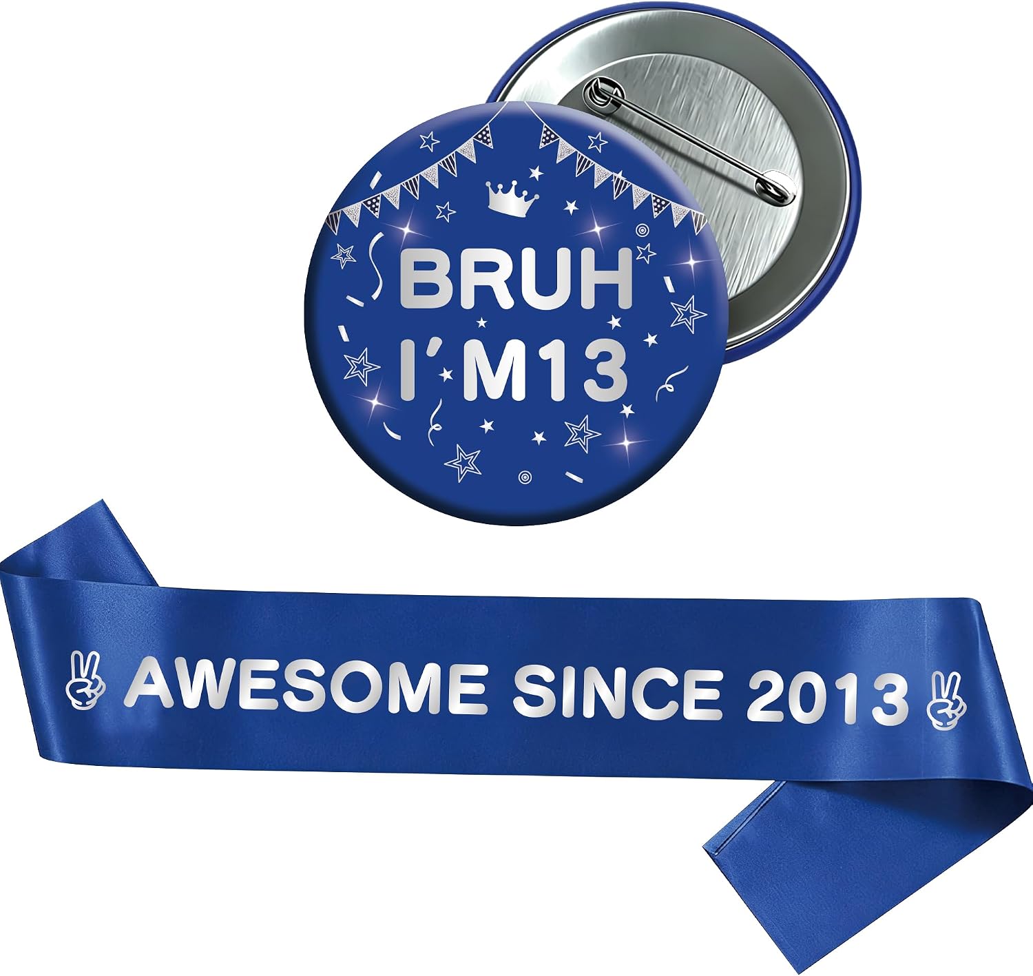 13th Birthday Decorations Boys Set - 2 Pcs Official Teenager Blue Awesome Since 2013 Satin Sash Bruh I'm 13 Badge Accessories for Thirteen Year Old Cool Bday Gift Funny Party Decor Supplies