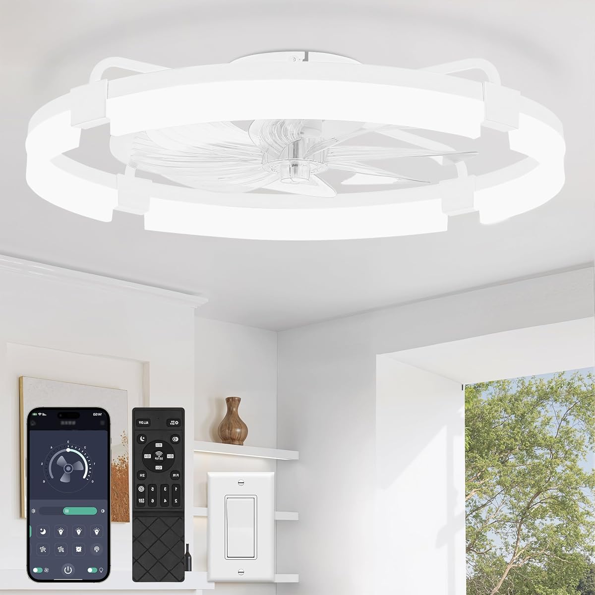 LEDIARY 24" Ceiling Fans with Lights and Remote, Modern Low Profile Ceiling Fan, 3 CCT, Stepless Dimmable, Fandelier Flush Mount Fan Light, 6 Speeds, DC Motor, App & Remote Control for Bedroom(White)