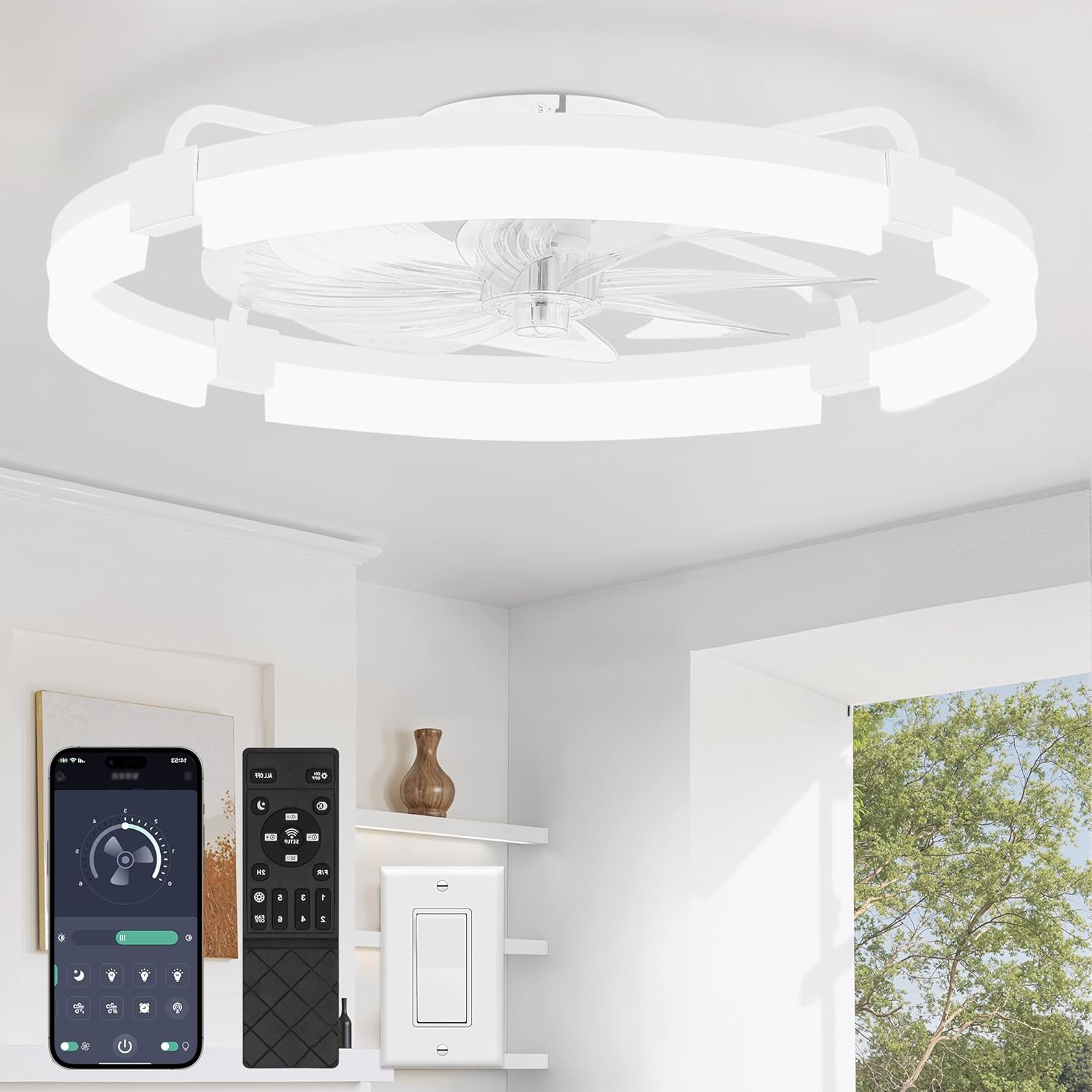 LEDIARY 24 Ceiling Fans with Lights and Remote Modern Low Profile Ceiling Fan 3 CCT Stepless Dimmable Fandelier