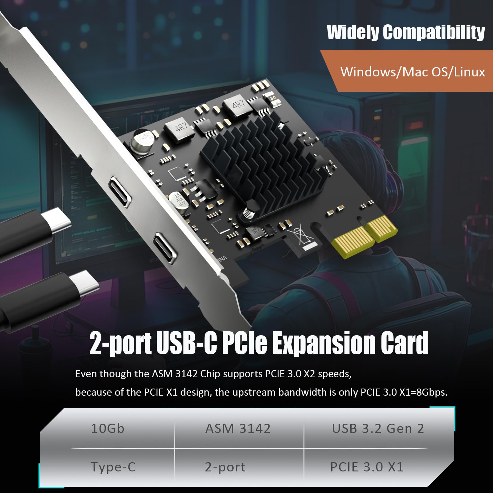 GLOTRENDS U3142X1 2 porty karta rozszerzeń USB PCIe 10Gb, 2 porty USB-C (USB 3.2 Gen 2), interfejs PCIe X1, kompatybilna z systemami Windows/Linux/macOS