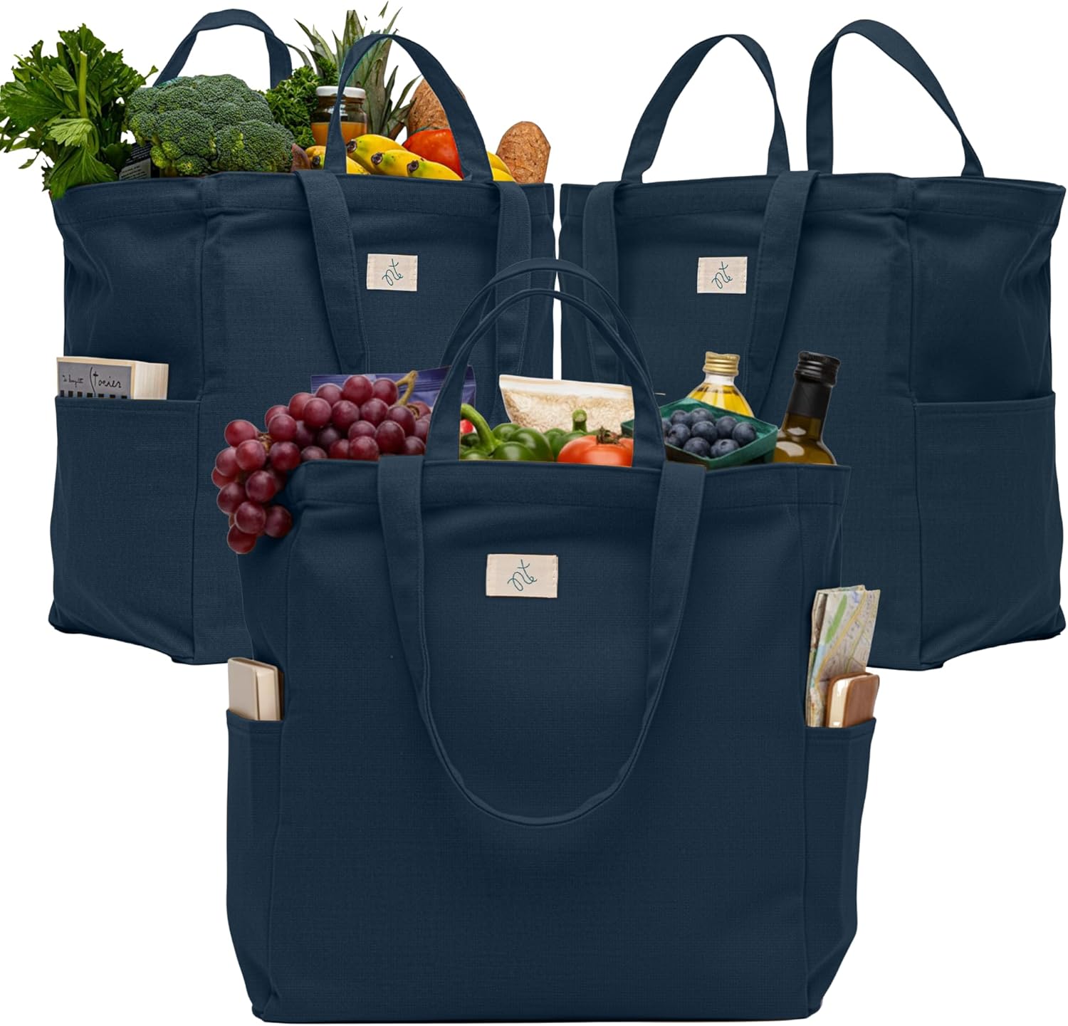 Nook Theory 3-Pack Reusable Grocery Bags - Heavy Duty, Large 12 Oz Cotton Canvas Reusable Shopping Bags With Pockets, 100% Cotton Cloth Grocery Totes, Foldable Multi Compartment (Sand)