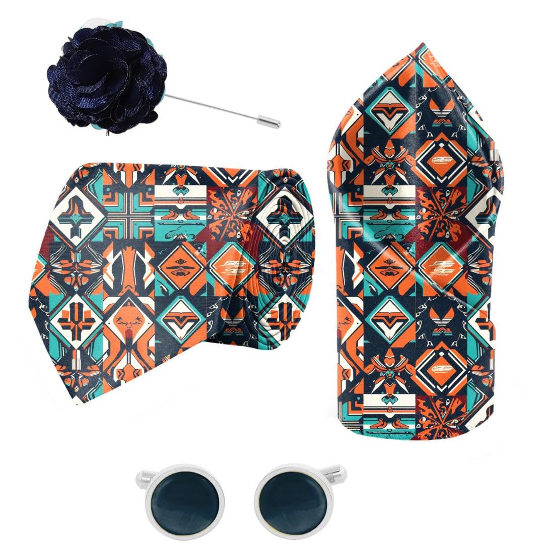 Terracotta Tiles Printed Tie and Pocket Square Set with Cufflink and Matching Flower Lapel Pin-image-42