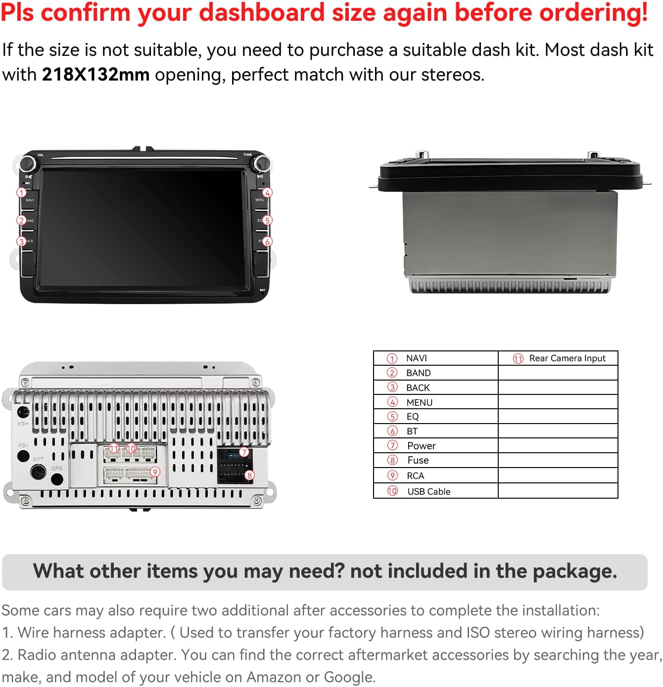 Diagram showing dashboard size requirements and wiring connections for the car stereo