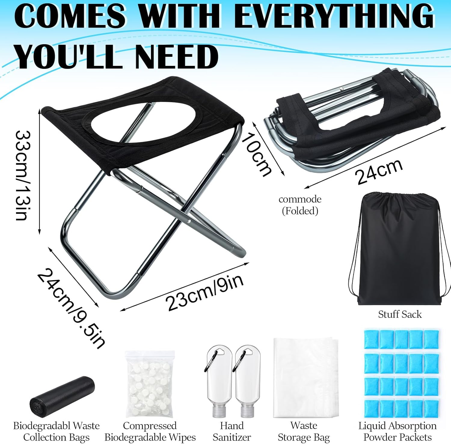 Portable Toilet for Camping Foldable Toilet Kit Including Liquid Absorption Powder and Trash Bags Etc for Hiking RV Travel Fishing Beach Outdoor Use 9 x 9.5 x 13 Inches