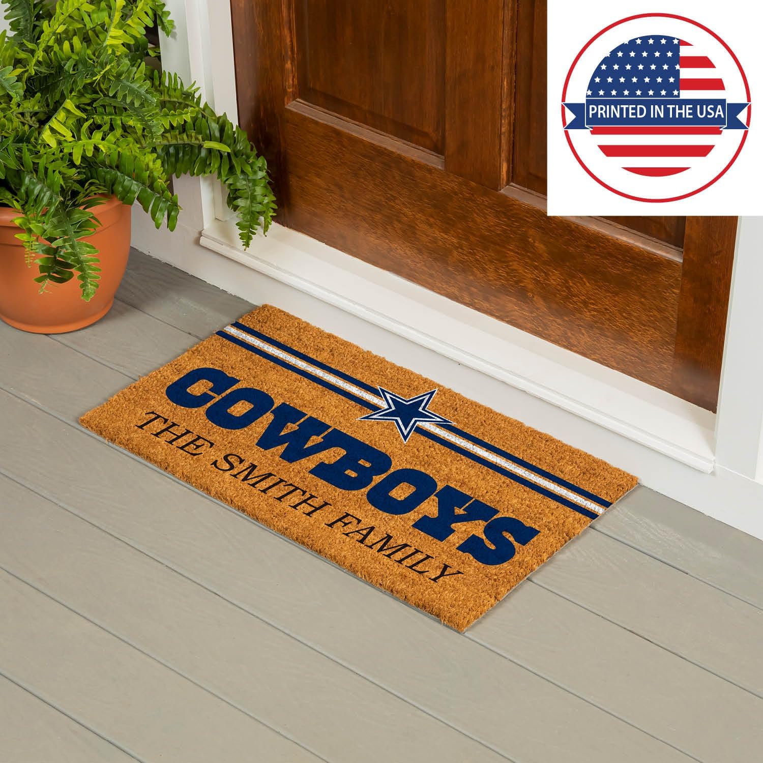 Team Sports America NFL Dallas Cowboys Personalized Coir Door Mat, 18 x 30 Inches Custom Name Doormat with Non Slip Back, Front Door Welcome Mats