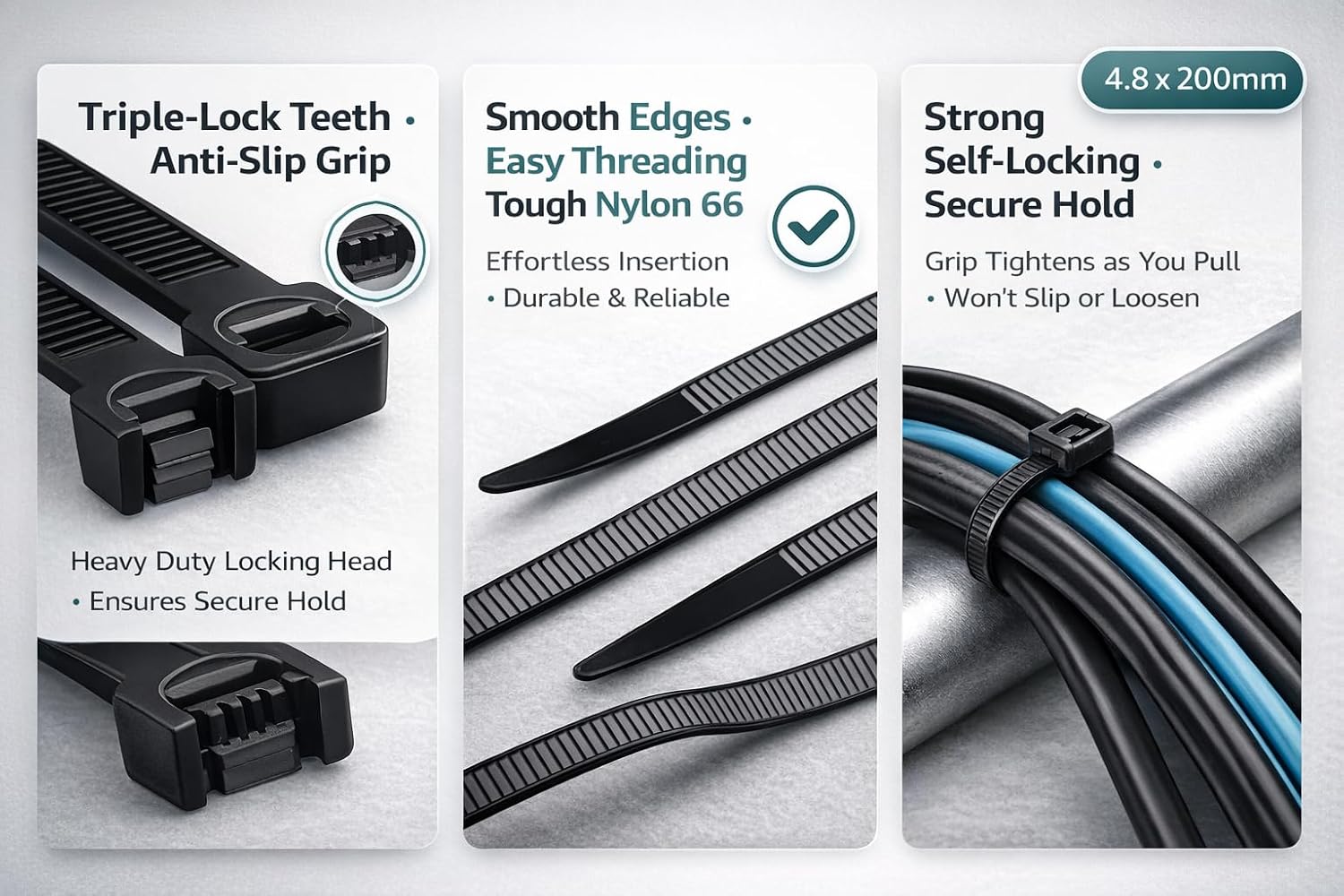 Nylon Cable Ties, Black, 4.8x200mm, 80 Pack, Self-Locking Zip Ties for Cable Management