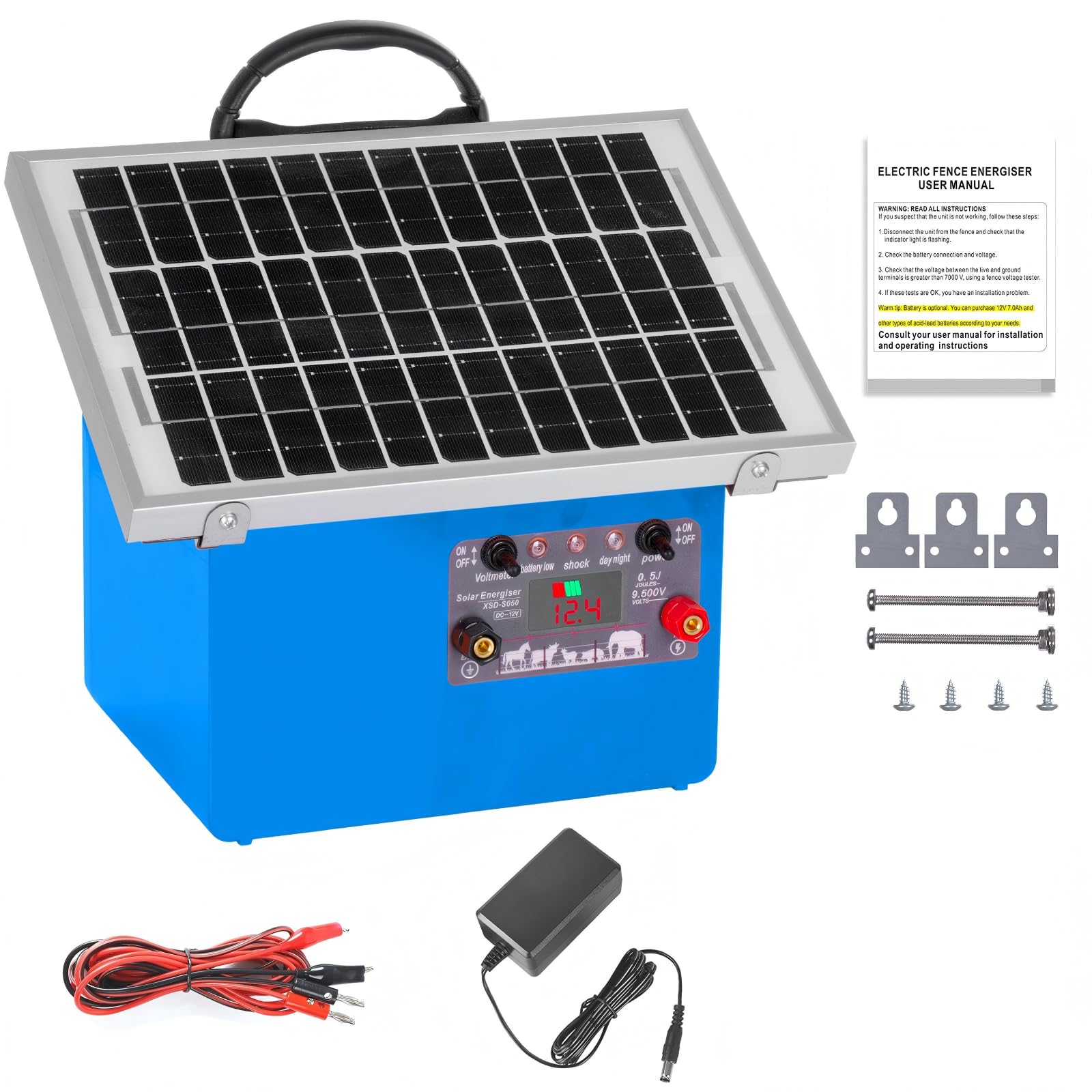 12V Weidezaungerät Solar, 0,5J/9,5KV Elektrozaungerät für 32 km, inkl. 7.5W-Solarpanel, 12V 7Ah Blei-Akku & Erdungsset für Geflügel, Vieh, Haustiere, Steuergerät zum Schutz von Gärten (Blau)