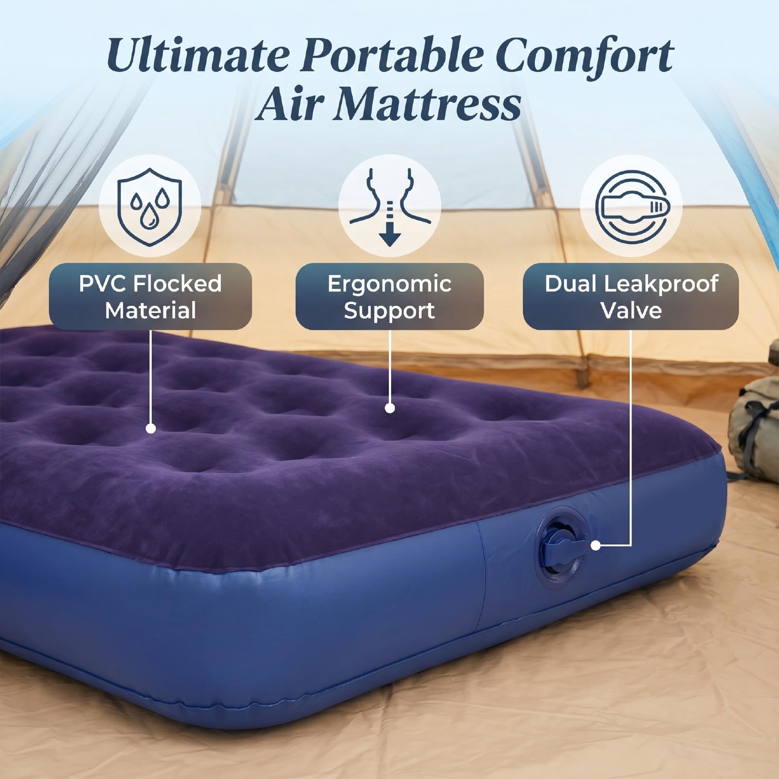 Ejoyous Aufblasbares Luftbett, PVC-Luftmatratze, 180 X 91 X 25 cm, mit Integriertem Kissen, Doppeltes Auslaufsicheres Ventil, Wasserdicht, Dicke Stütze für Camping, Reisen, Zuhause, Büro, Nickerchen