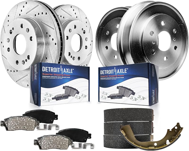 Detroit Axle - 8pc Brake Kit for 2005-2008 Chevy GMC Silverado Sierra 1500 | 12.99" inch Front Drilled Brake Rotors Ceramic Brake Pads Rear Brake Drums Brake Shoes 2006 2007 Replacement