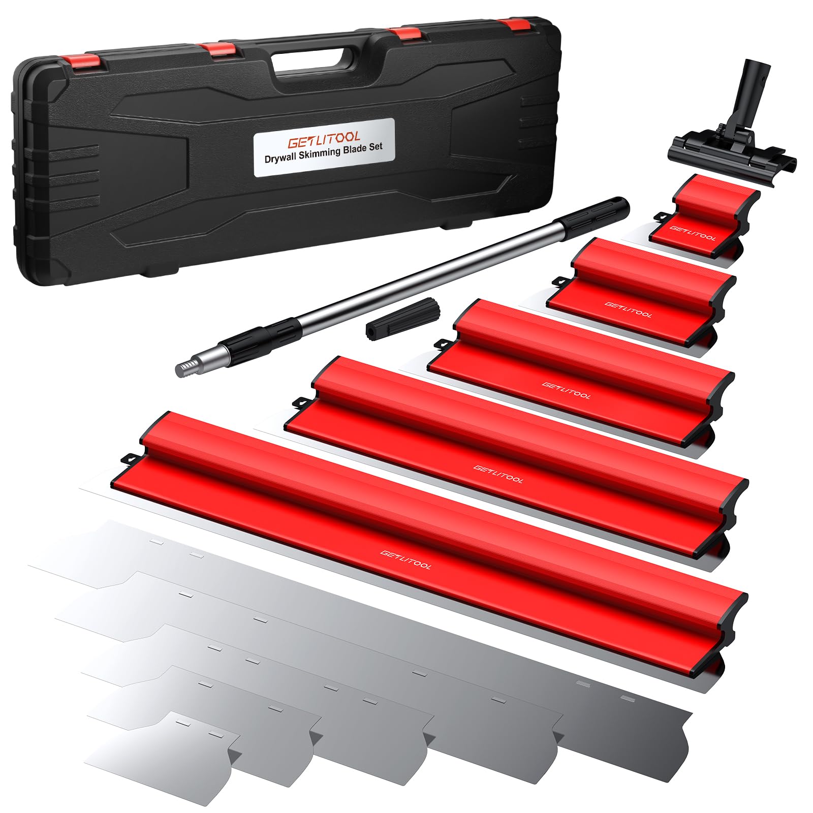 GETLITOOL Set 5 Spatole per Stucco 15-80cm con Lame in Acciaio Inox e Ricambi, Asta Telescopica 80-130cm e Clip, Kit Completo con Valigetta per Pareti e Soffitti in Cartongesso Cemento e Calcestruzzo