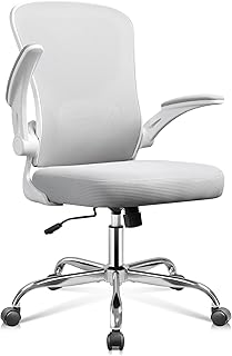 DEVAISE Bürostuhl Ergonomisch, Schreibtischstuhl mit Verstellbarer Lendenwirbelstütze und Klappbaren Armlehnen, höhenverstellbar Computerstuhl, Weiß, Bis 136 kg, für Büro