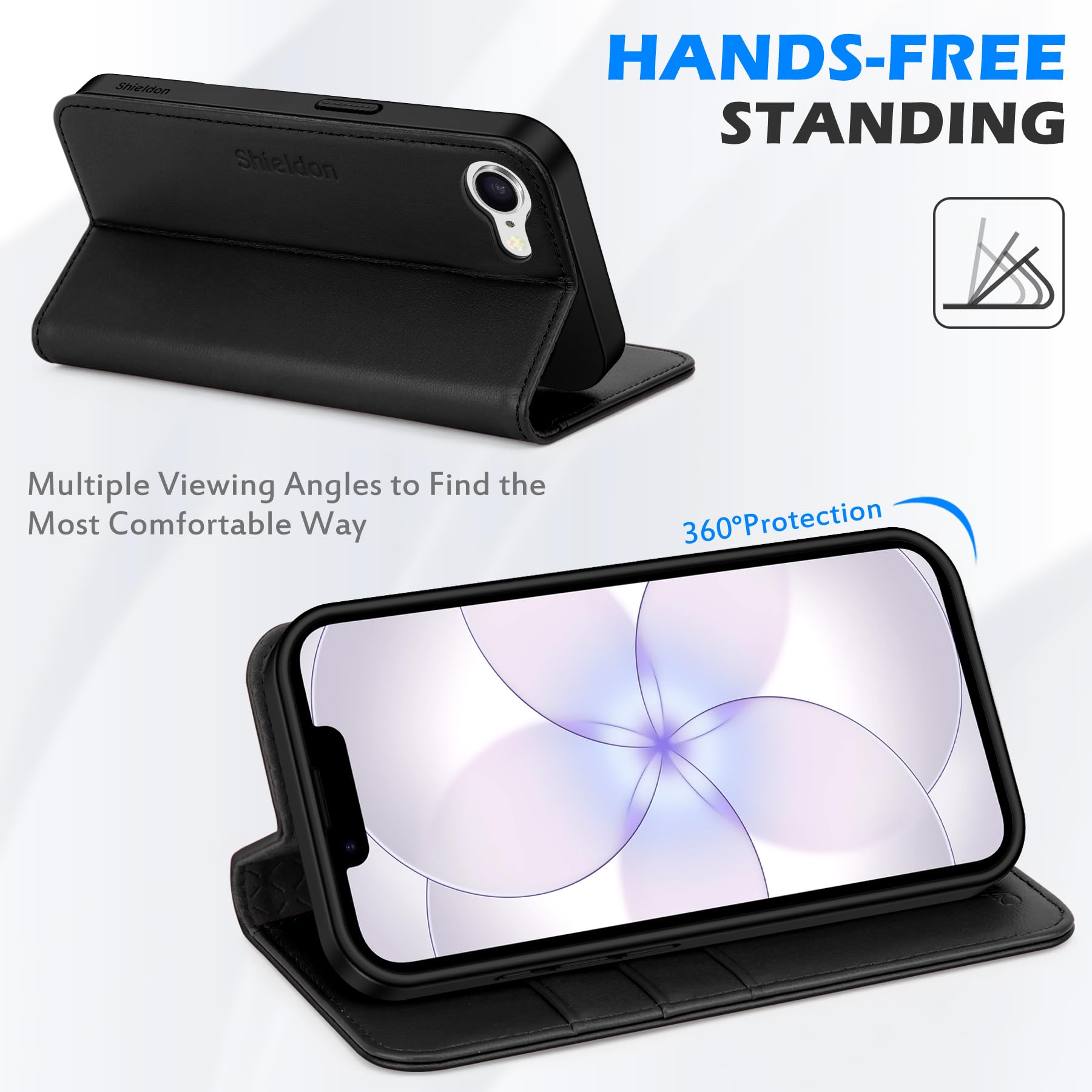 SHIELDON Funda para iPhone 17e/iPhone 16e 6.1", Cartera de Cuero Genuino [Tarjetero] [Soporte] [Bloqueo RFID] Carcasa TPU Folio Magnética Leather Wallet Case Compatible con iPhone 16e/17e 2026 - Negro