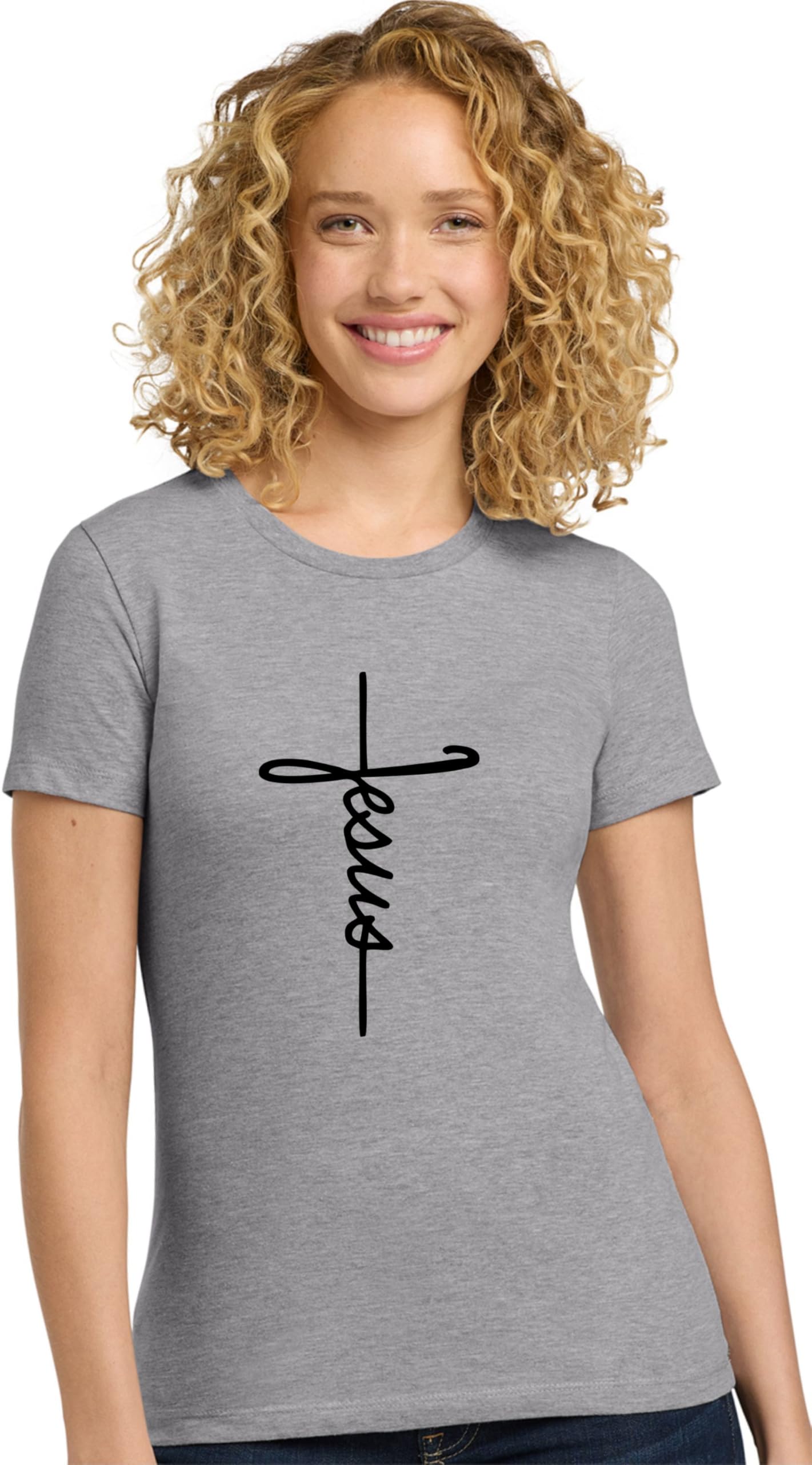 Womens Jesus Script Letters Cross Christian Deluxe Soft T-Shirt