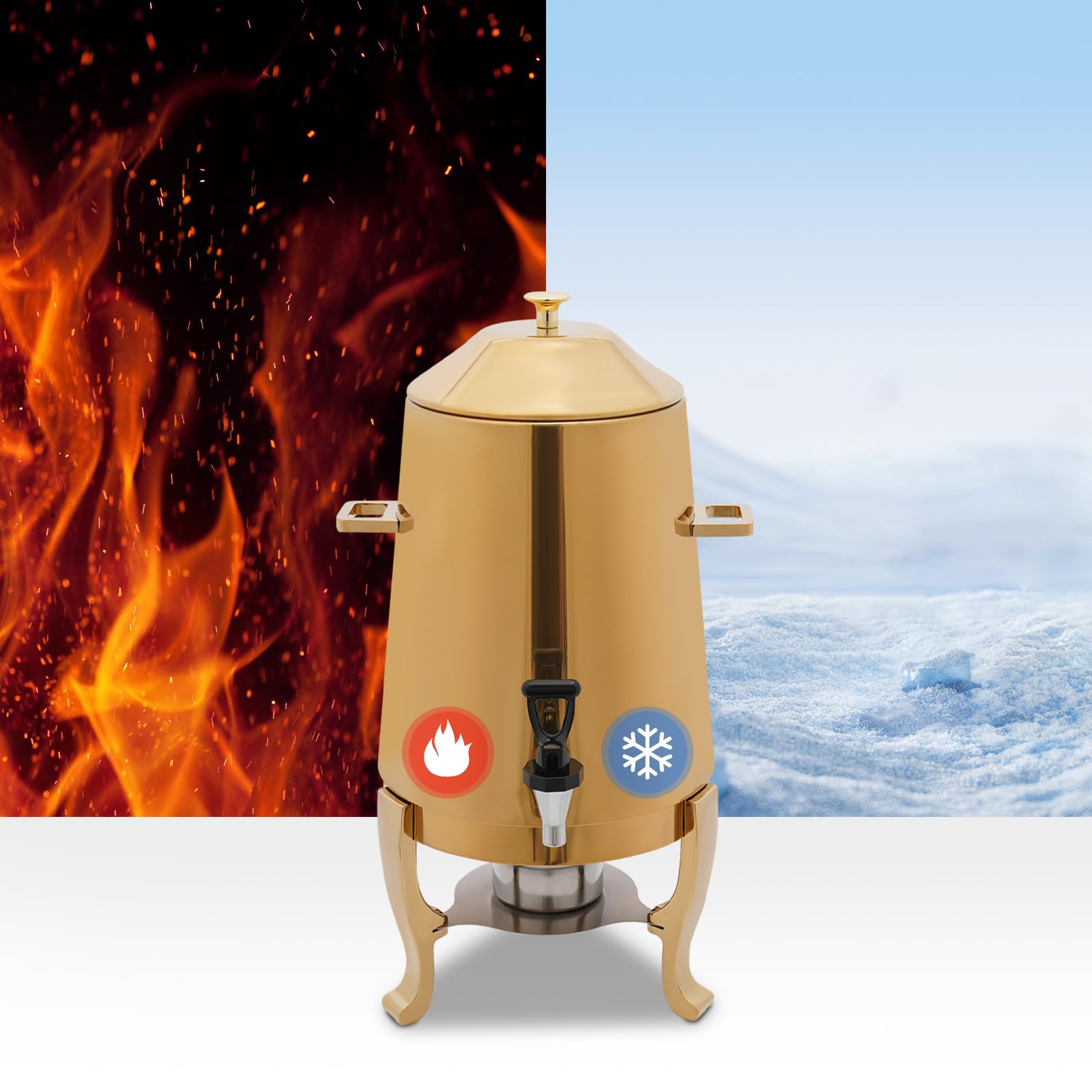 Chafer Urn, Electric Coffee Urn With Fuel Holder And Spigot, 3.4 Gallon Stainless Steel Hot Beverage Drink Dispenser Can 9 Temperatures Water Boiler Warmer For Parties Event Gold